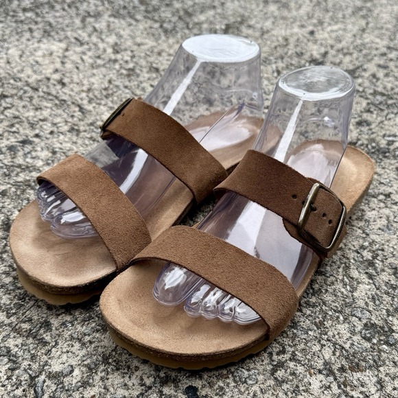 yokono Shoes - Yokono‎ Women's Sz 8 Brown Tan Leather Two Strap Slide On Sandal Made In Spain